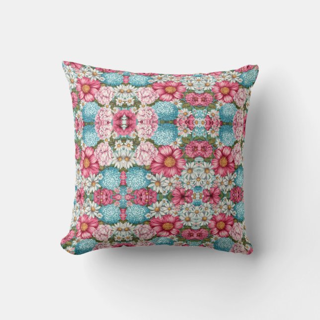 Almofada Padrão contínuo de hidrângeas rosa, azul e branco (Frente)