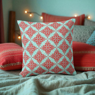 Almofada Padrão Damask Vermelho sobre Azul Turquesa