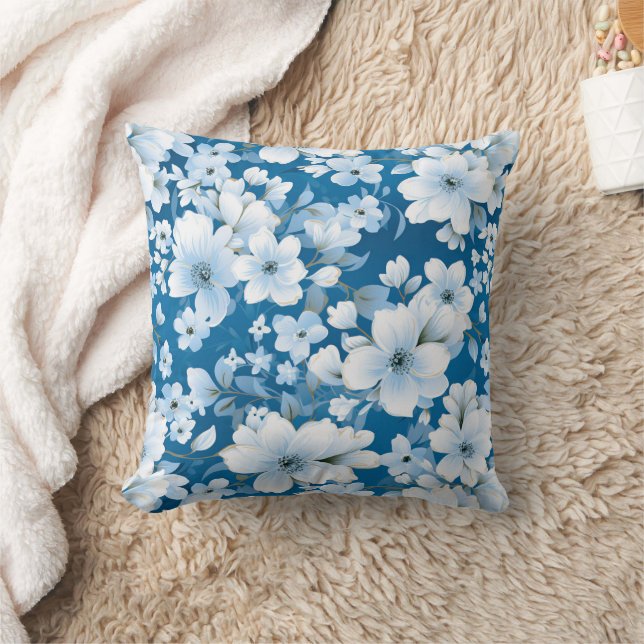 Almofada padrão das flores brancas, fundo azul, (Cobertor)