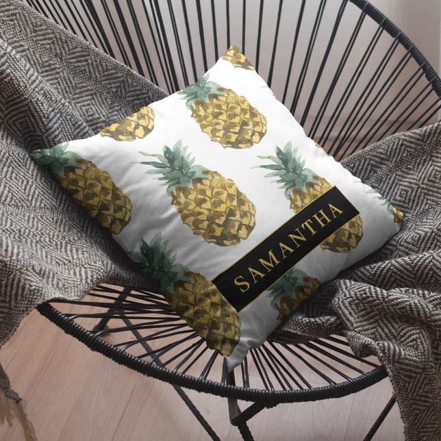 Almofada Padrão De Abacaxi De Aquarela Tropical Com Nome (Criador carregado)