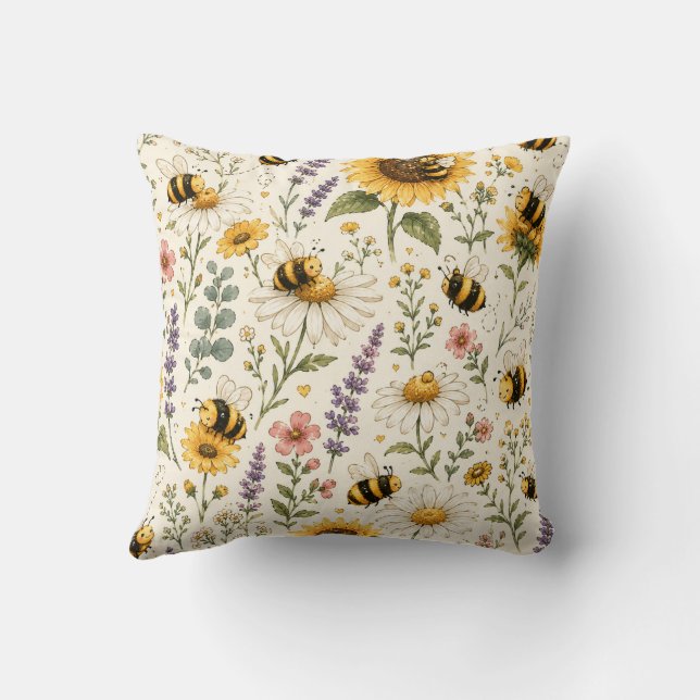 Almofada Padrão de Abelha e Flores Silvestres Fofos (Verso)