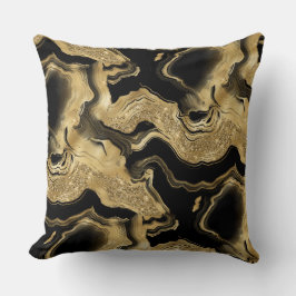 Almofada Padrão de Ágata Brilhante Preto e Dourado Elegante