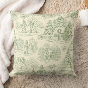 Almofada Padrão de Aldeia de Natal Vintage Toile Verde (6)
