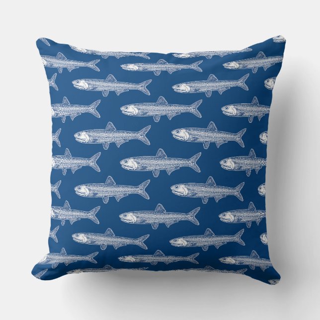 Almofada Padrão de Anchova - Branco e Azul Shibori (Frente)