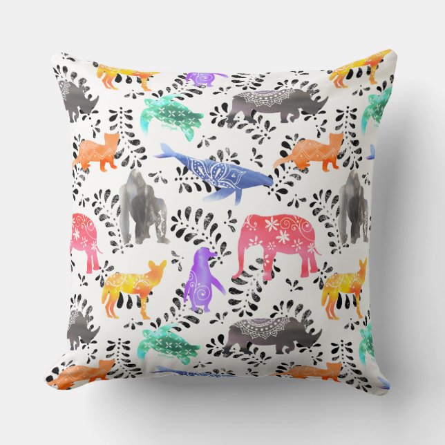 Almofada Padrão de Aquarela de Animais Ameaçados (Frente)