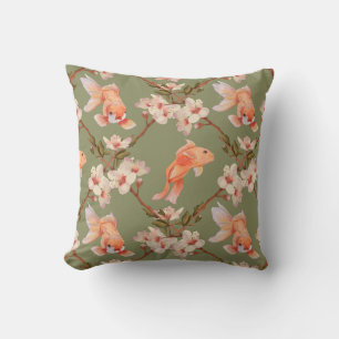 Almofada Padrão de Aquarela de Koi Goldfish Japonês Verde