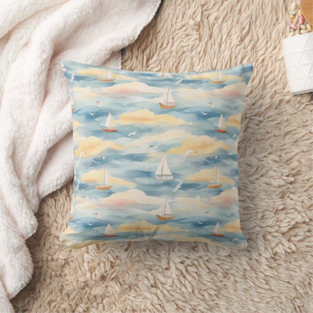 Almofada Padrão de aquarela de veleiros sonhadores no ocean (Cobertor)
