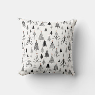 Almofada Padrão de Árvore de Natal Branco Preto Minimalista