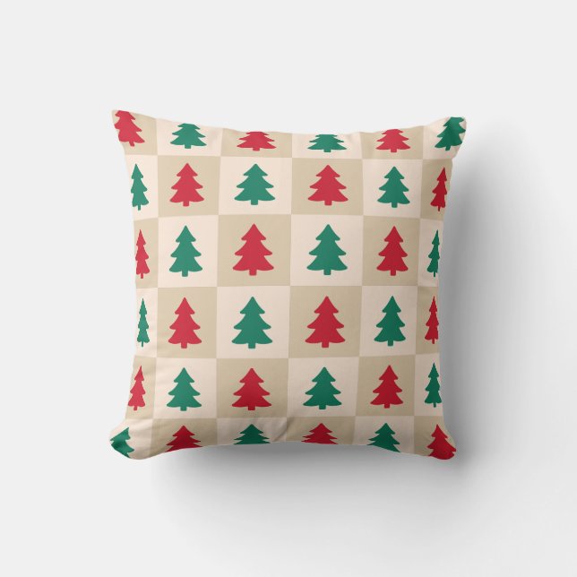 Almofada Padrão de Árvores de Natal Vermelhas e Verdes (Frente)