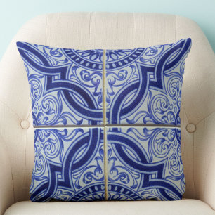 Almofada Padrão de azulejo cerâmico mediterrâneo azul e bra