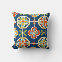 Almofada Padrão de Azulejo Floral Retro Azul Naval Laranja