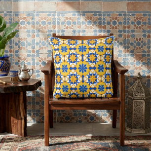 Almofada Padrão de Azulejo Marroquino Azul Amarelo Mediterr
