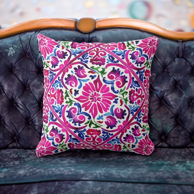 Almofada Padrão de azulejos mexicanos cor-de-rosa brilhante (Bright magenta pink blue Mexican tiles pattern Throw Pillow)