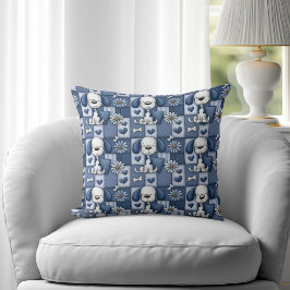 Almofada Padrão de Cachorro em Patchwork Azul e Branco