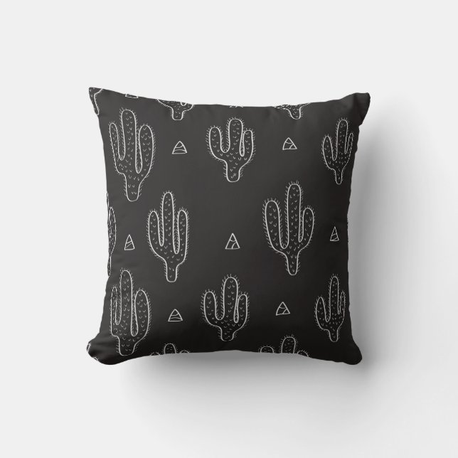 Almofada Padrão de Cactus Preto Desenhado à Mão (Frente)