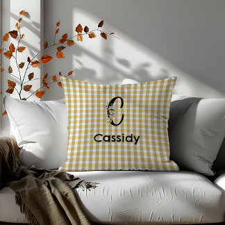 Almofada Padrão de cinza azul de gingham de flor monograma