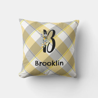 Almofada Padrão de cinza azul de gingham de flor monograma