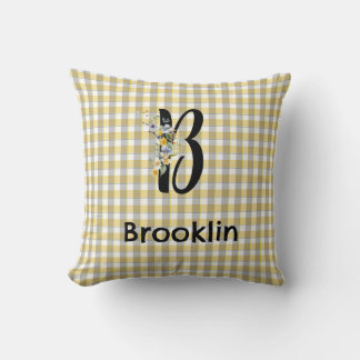 Almofada Padrão de cinza azul de gingham de flor monograma