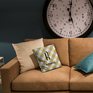 Almofada Padrão de cinzas amarelas de gingham, de cor aquát