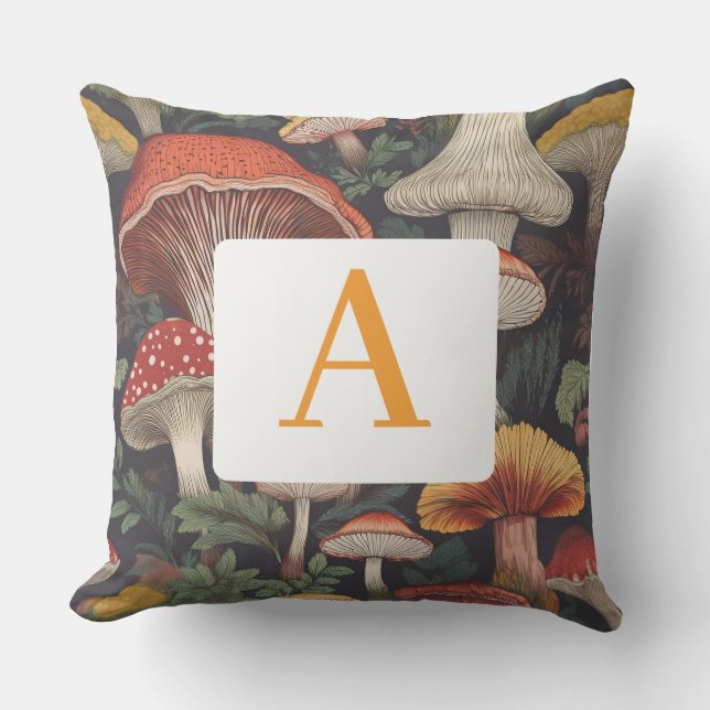 Almofada Padrão de Cogumelo Botânico Whimsical com Monogram (Frente)