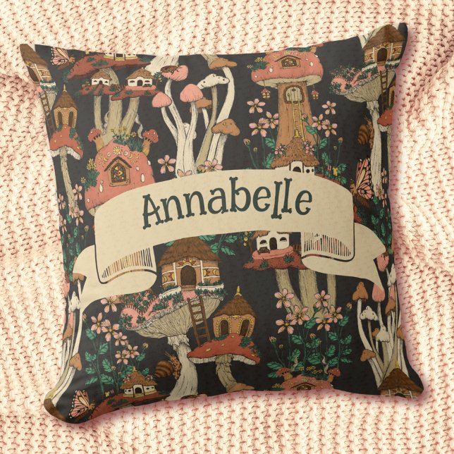 Almofada Padrão De Cogumelo Verde Preto Núcleo Floral De Co (Criador carregado)