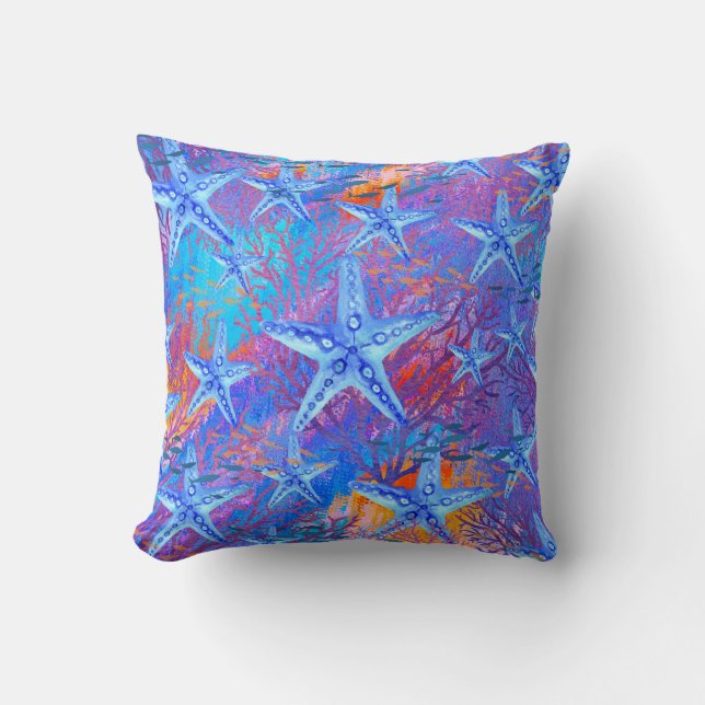Almofada Padrão de Conchas de Praia Roxo Azul Laranja (Frente)