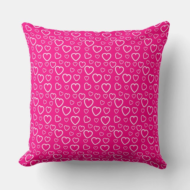 Almofada Padrão de Corações de Amor Rosa Quente e Branco (Frente)