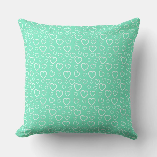 Almofada Padrão de Corações de Amor Verde Menta e Branco (Frente)