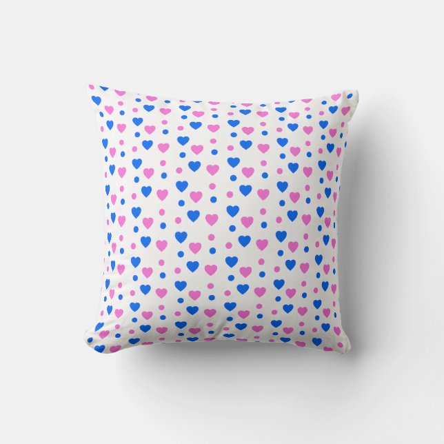 Almofada Padrão de Corações Rosa e Azul e Pontos (Frente)