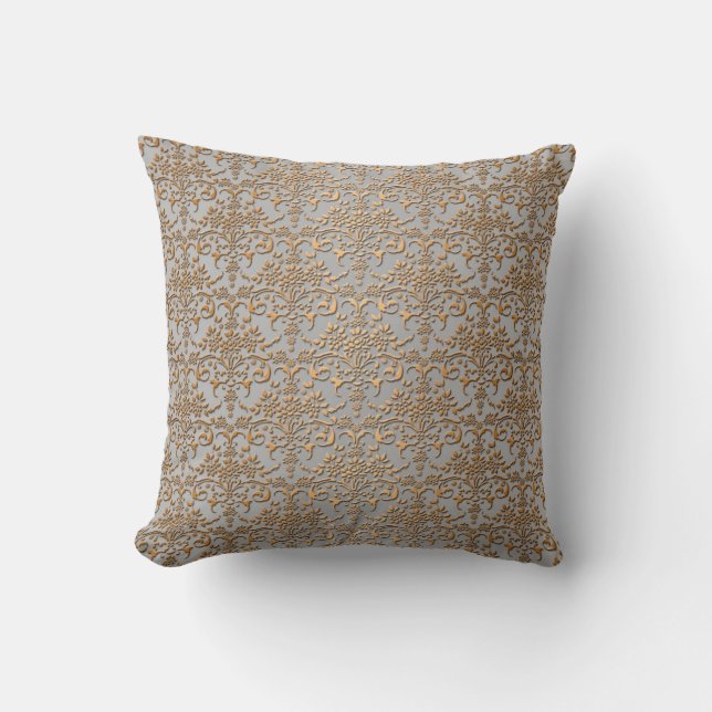 Almofada Padrão de Damasco Dourado e Cinza Chique (Frente)