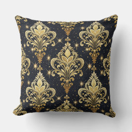 Almofada Padrão de Damasco Floral Real Brilhante Preto e Do