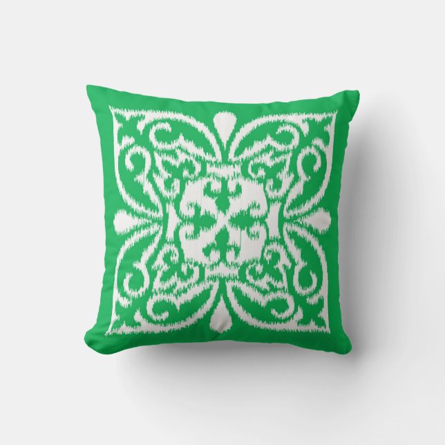 Almofada Padrão de damasco Ikat - verde jade e branco (Frente)