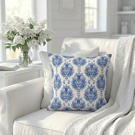 Almofada Padrão de damasco mediterrâneo branco azul elegant