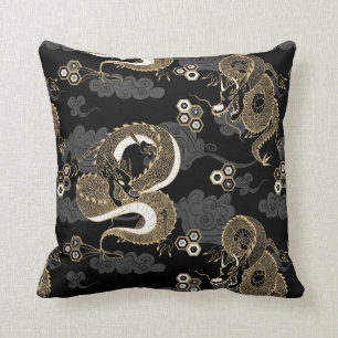 Almofada Padrão de Dragões Japoneses Preto e Dourado