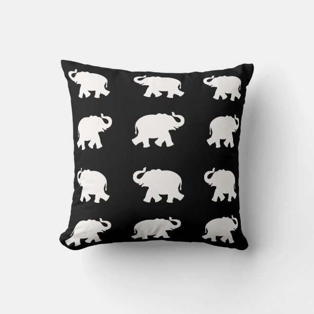 Almofada Padrão de elefante branco no preto (Frente)
