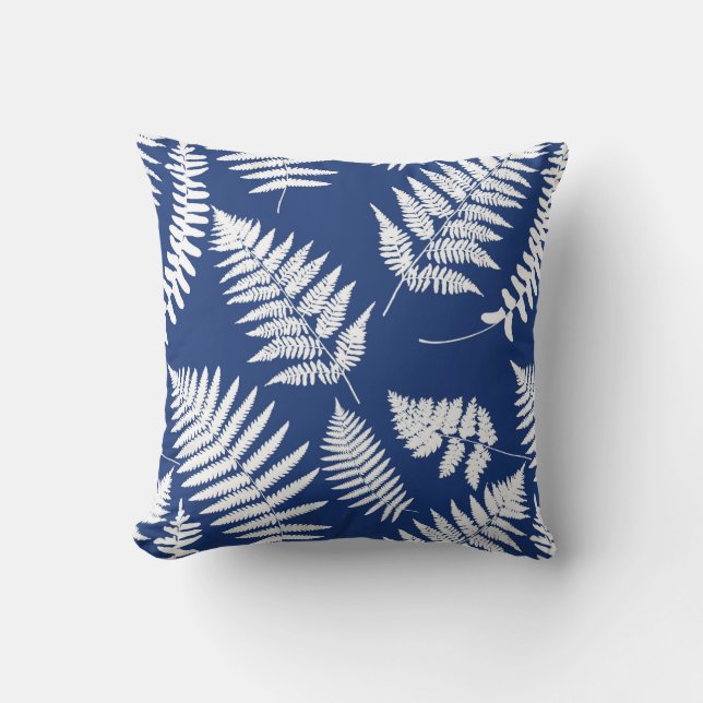 Almofada Padrão de Fern de Woodland, Azul de Cobalto e Bran (Frente)