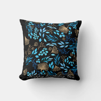 Almofada Padrão de Flor Azul e Dourado Adicionar seu Nome
