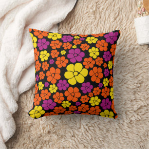Almofada Padrão de Flor - Preto, Rosa, Laranja e Amarelo 