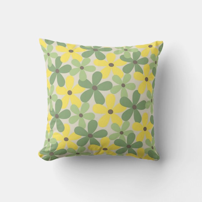 Almofada Padrão de Flor Retro Y2K 70s Amarelo Verde (Frente)
