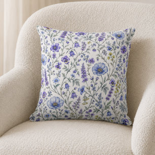Almofada Padrão de Flor Silvestre Aquarela Roxo Azul
