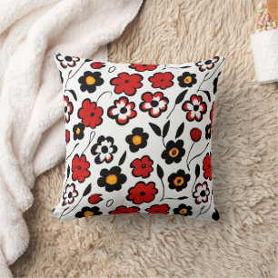 Almofada Padrão de Flor Vermelho, Preto e Branco