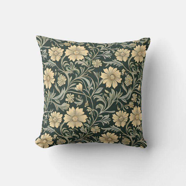 Almofada Padrão de flores amarelas estilizadas em verde esc (Frente)