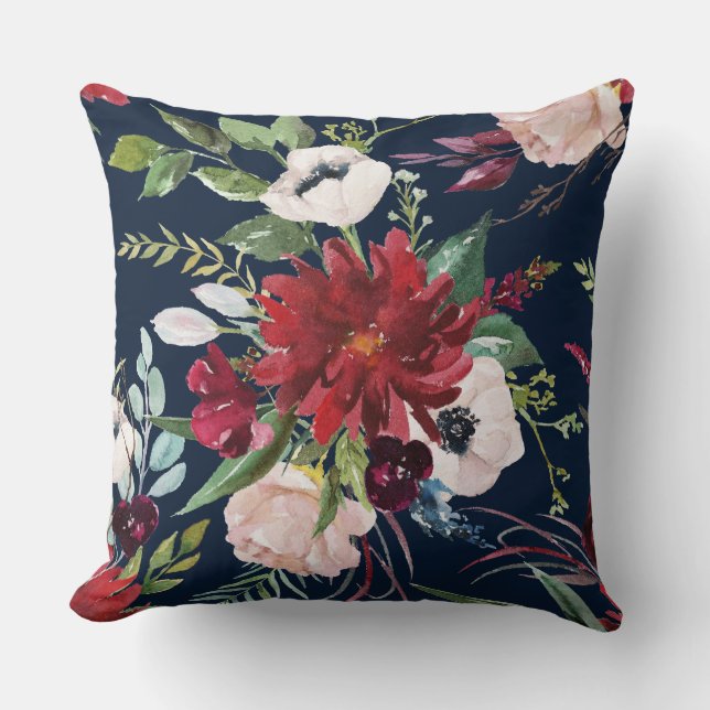 Almofada Padrão de flores borgonhetas e rosa (Frente)