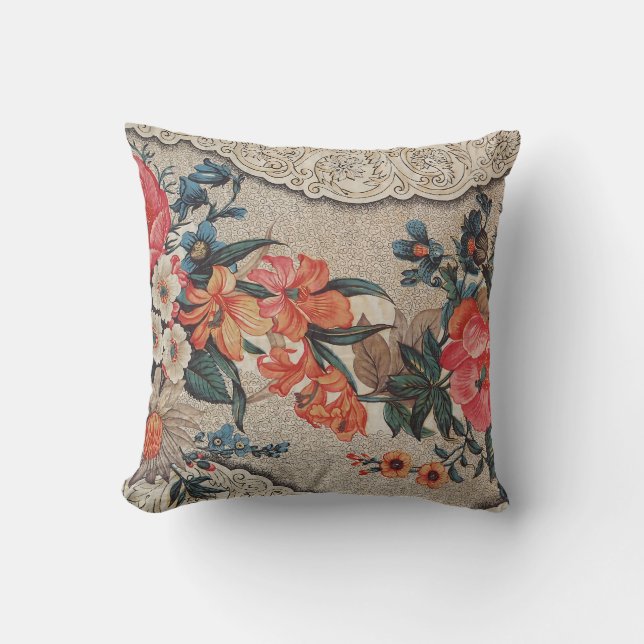 Almofada Padrão de flores brancas laranja vermelho-vivo (Frente)