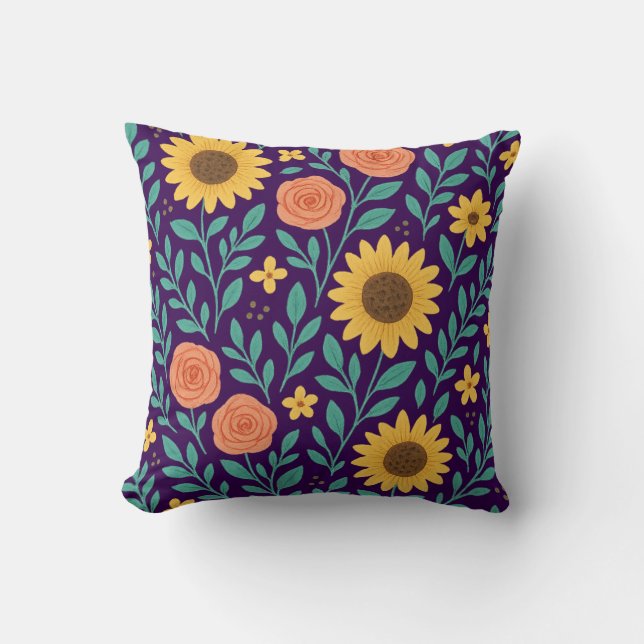 Almofada Padrão de flores com fundo roxo escuro (Frente)
