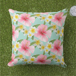 Almofada Padrão de Flores de Hibisco Rosa-Rosa-Aqua Tropica