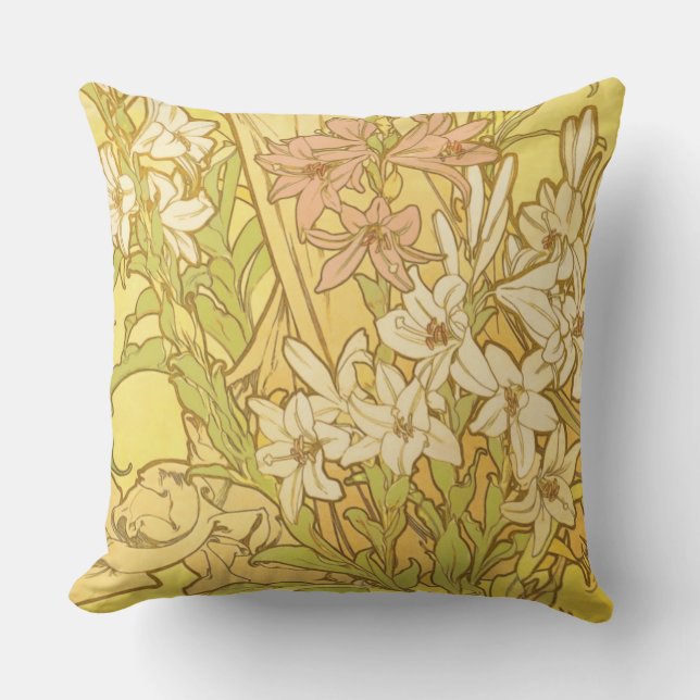 Almofada Padrão de Flores de Lírio de Alphonse Mucha: Art N (Frente)