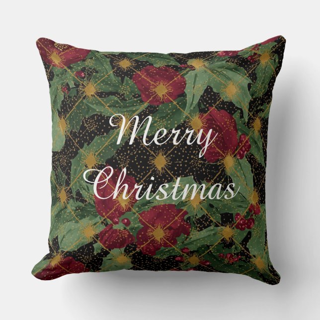 Almofada Padrão de Flores de Natal,Ouro Vermelho Verde Pret (Frente)