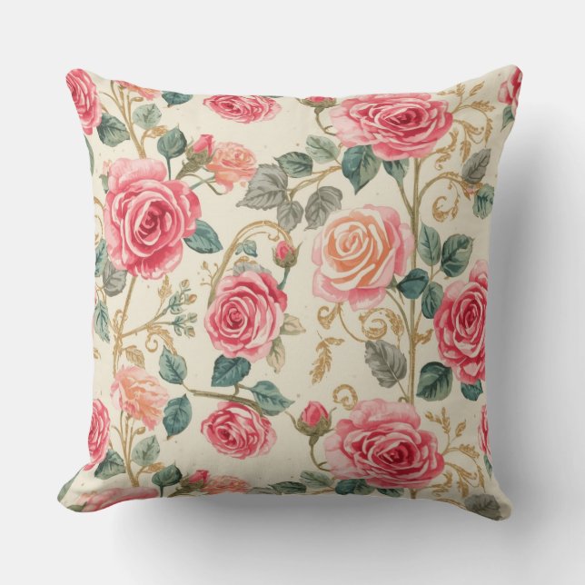 Almofada Padrão de Flores de Rosa Rosa, Bonito, Elegante (Frente)
