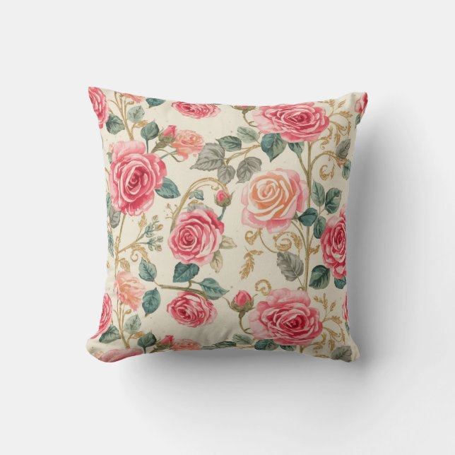 Almofada Padrão de Flores de Rosa Rosa, Bonito, Elegante (Frente)